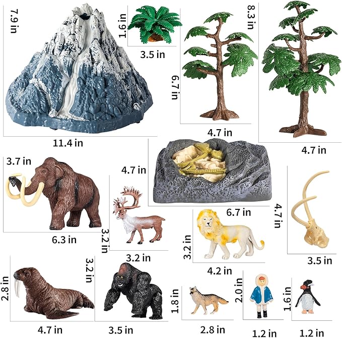 TEMI Prehistoric Animal Toys for Kids 3-5, Safari Animals Figurines and Snow Volcano Toy Set with Play Mat for Toddlers Mammoth, Lion and Gorilla, Educational Gifts for Toddlers 3 4 5 6 7 8 Years