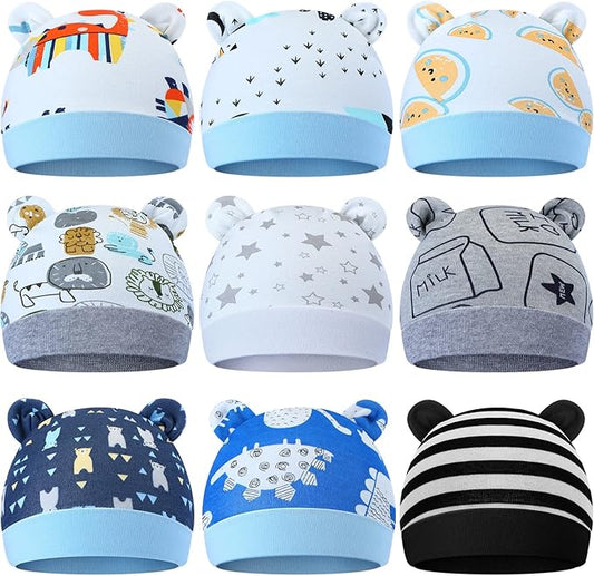 Geyoga 9 Pieces Newborn Baby Hat Bear Ears Infant Caps 2 Ears