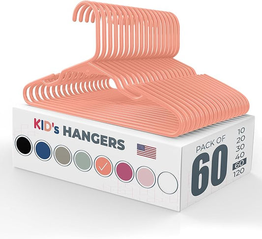 60pk Made in USA Baby Hangers | Kids Hangers for Children's Clothes, Toddler Outfits and Clothing | 20 50 100 Pack Available | Kid Plastic Hanger for Closet and Nursery | Child Kid Hangars (Peach)