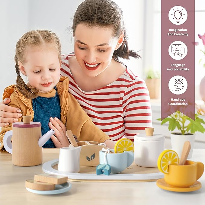 Wooden Toy Tea Set for Little Girls, Toddler Tea Party Set Kids Pretend Play Kitchen Accessories with Play Food Gift for Girls Boys 3 Years and up