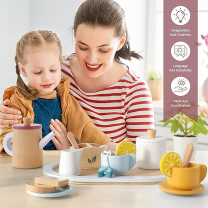 Wooden Toy Tea Set for Little Girls, Toddler Tea Party Set Kids Pretend Play Kitchen Accessories with Play Food Gift for Girls Boys 3 Years and up