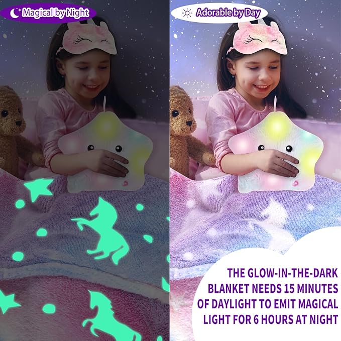 Unicorn Gifts for Girls, 14PCS Unicorn Toys Birthday Gifts for Girls Age 3 4 5 6 7 8 Years Old with Light Up Star Pillow Plush Blanket Diamond Art Bracelet, Girls Kids Toys
