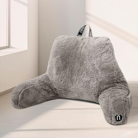 Nestl Fur Reading Pillow, Stylish Back Pillow for Bed Sitting Up, Faux Fur Bed Chair Pillow with Arms, Reading Pillows for Sitting in Bed Adult & Kids, Sit Up Back Support Pillow for Bed Rest - Grey