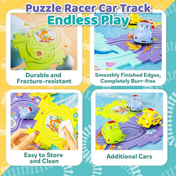 Marlo & Buzz Puzzle Racer Kids Car Track Play Set, Themed Educational Puzzles Racers Tracks with Electric Vehicles for 3+ Childrens (3 Theme (Ocean 24, pcs)