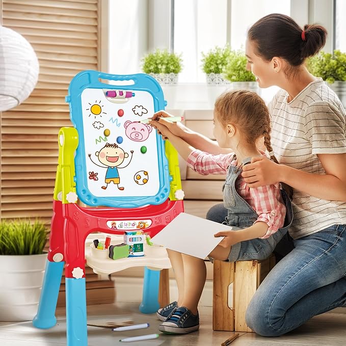 Toddler Art Easel Toys, Magnetic Chalk Board and White Board Easel for Kids with Painting Accessories, Rotatable Double Sided Easel, Birthday Gift for Boys and Girls