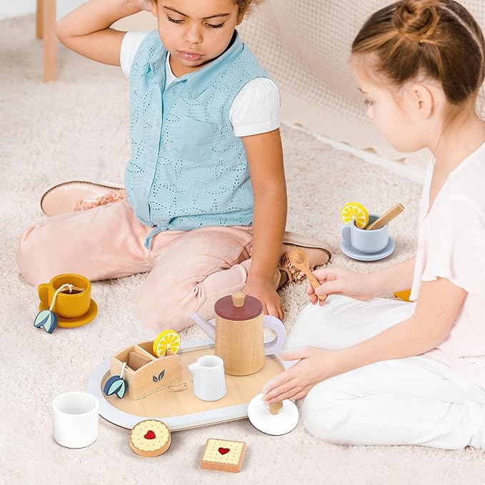 Wooden Toy Tea Set for Little Girls, Toddler Tea Party Set Kids Pretend Play Kitchen Accessories with Play Food Gift for Girls Boys 3 Years and up