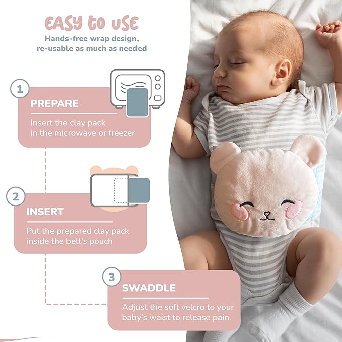 Baby Heated Tummy Wrap Colic & Gas Relief : Natural Clay Pack for Gassy Belly, Reflux - Wooden Teether Included, Soft Plush Swaddle Band - Premium Belt Pad for Babies, Infant & Newborn
