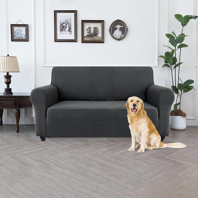 100% Waterproof Jacquard Fabric Couch Cover, Dual Layer with TPU Film, Leakproof High Elasticity Non-Slip Washable Furniture Protector for Pets, Dogs, Cats and Kids (Loveseat,Gray)