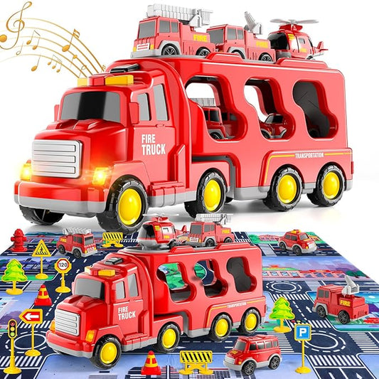 Bennol Toddler Toys for 1 2 3 4 5 6 Years Old Boys, 7 in 1 Fire Car Trucks Playset with Play Mat & Accesoories 1-3 3-5