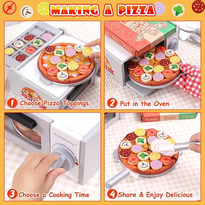Wooden Pizza Toy 50pcs Toddler Pizza Counter Playset Kids Pretend Play Kitchen Accessories with Play Food, Bake Oven, Chef Role Play Set Xmas Birthday Gift for 3 4 5 6 Year Old Boys Girls
