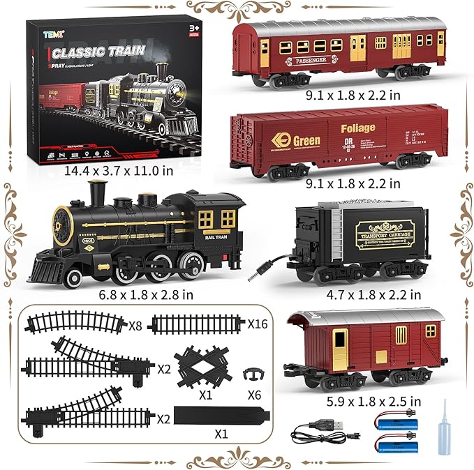 TEMI Train Set for Kids 3-12 Years, Electric Classical Steam Engine Locomotive with Steam