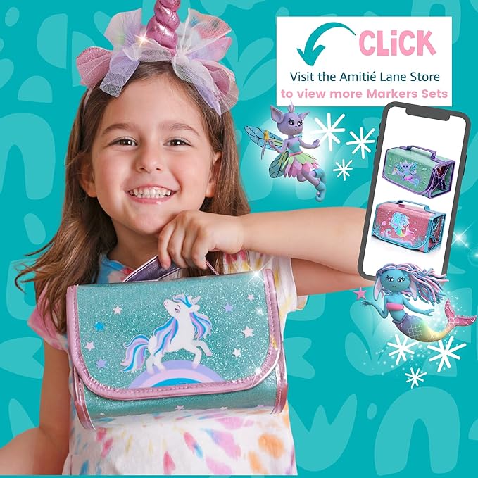 Amitié Lane Silly Scented Markers For Kids. Arts & Crafts Unicorn Gifts for Girls 6-8. Fun Kids Toys For Girls that includes Unicorn Markers, Crayons, Stickers and Carrying Case.