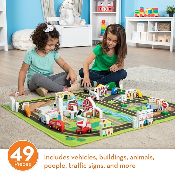 Melissa & Doug Deluxe Activity Road Rug Play Set 49 Wooden