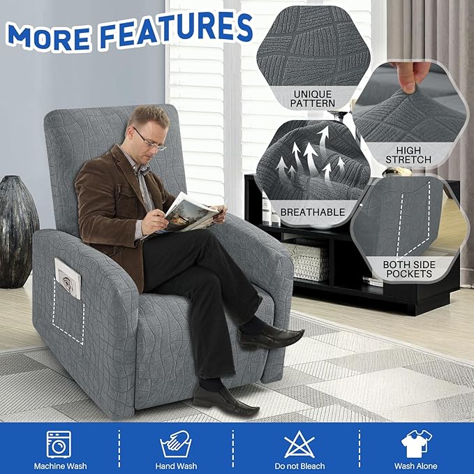 MAXIJIN Waterproof Small Recliner Chair Covers 3 Pieces Recliner Cover That Stay in Place, Lazy Boy Recliner Slipcovers with Pockets Reclining Protector for Pet (Small Recliner, Light Gray)