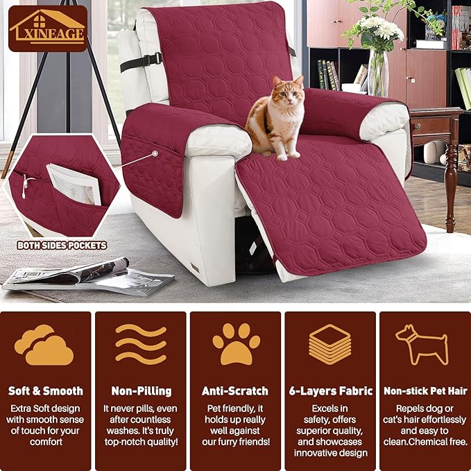 XINEAGE 100% Waterproof Recliner Chair Cover, Non Slip Covers for Recliner Chair with Pocket, Washable Dog Recliner Couch Cover with Elastic Straps (Wine Red, 22")