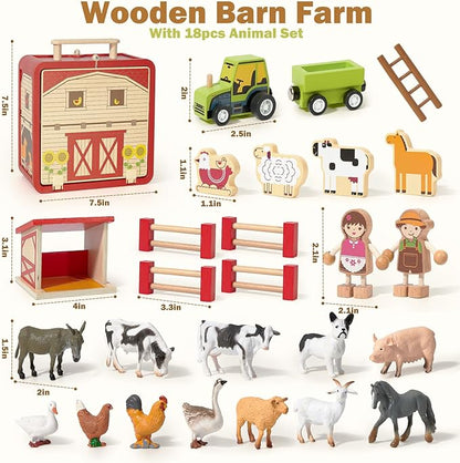 Toyssa Wooden Barn Farm Animals Toys for Toddlers 3-6 with Storage Box & Magnetic Tractor, Preschool Montessori Educational Learning Toys , Christmas Birthday Gift for Boys Girls Kids 2 3 4 5 6