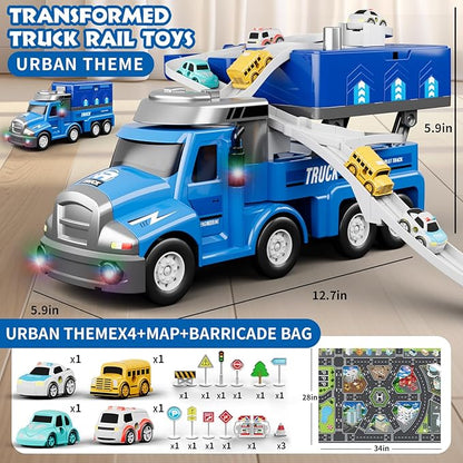 Dwi Dowellin Truck Toys for Kids 3 4 5 6 Years Old, Vehicle Toys for Kids with 4 City Cars and Playmat 3-5 (Blue)