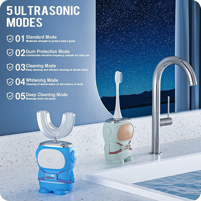Ultrasonic Kid's U-Shaped Electric Toothbrush, IPX7 Waterproof, Five Cleaning Modes, 60S Smart Reminder (Cartoon Astronaut,Blue Ages 2-6)