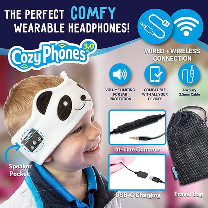 Toddler Headphones Wireless, Kids Bluetooth Earphones, Safe Volume - Wired School Headphones for Kids with 3.5 MM Jack and Travel Bag - Toddler Airplane Accessories for Boys & Girls - Panda