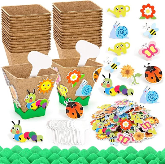 Ayfjovs Garden Paper Pot Craft Kit, 30 Pack Square Paper Peat Pots with 120 PCS Adhesive Foam Stickers and 30 PCS Plastic Plant Labels for Kids Science, Classroom Decoration