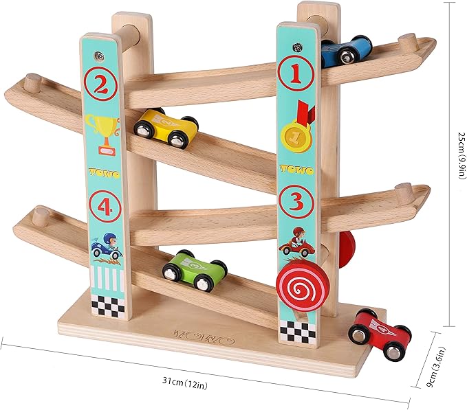 TOWO Pure Wooden Car Ramp - Zig Zag Car Slide 4 Wooden 2 3 4
