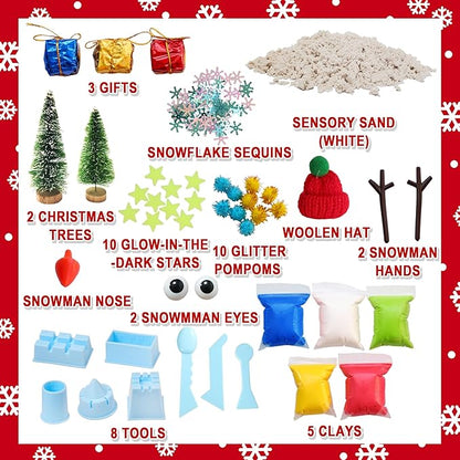 Christmas Sensory Bin,Snowman Making Kit for Kids,Christmas DIY Modeling Clay Making Kit,Xmas Sensory Toys for Holiday with Play Sand for Toddlers,Christmas Kids Toys Gift
