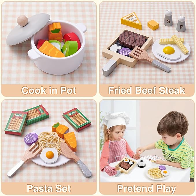 Wooden Play Kitchen Accessories for Toddlers 3-5, Play Food Sets for Kids Kitchen with Costume & Steak & Pasta & Utensils, Pretend Cooking Toys Christmas Birthday Gifts for Girls Boys 3 4 5 6