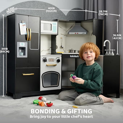 Wooden Corner Kitchen for Toddlers, Pretend Play Playset with Fake Food Toys, Real Lights & Sounds, Double-Door Fridge, Ice Maker & Cookware Accessories, Play Kitchen Set for Kids, Gift for Ages 3+