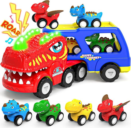 Toys for 1 2 3 4 Year Old Boys Girls, 5 in 1 Toy Trucks for Boys Age 2-3 with 4 Dinosaur Toy Cars for Toddlers 1-3