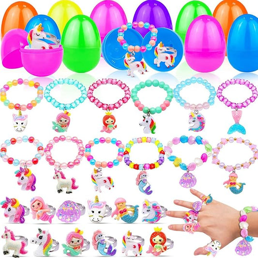 TURNMEON Easter Gifts Basket Stuffers for Girls Toddler Kids Include 12 Easter Eggs 12 Colorful Bead Bracelet and 12 Rings, Different Easter Toys Egg Filled Hunt Party Favors Classroom Prize Supplies