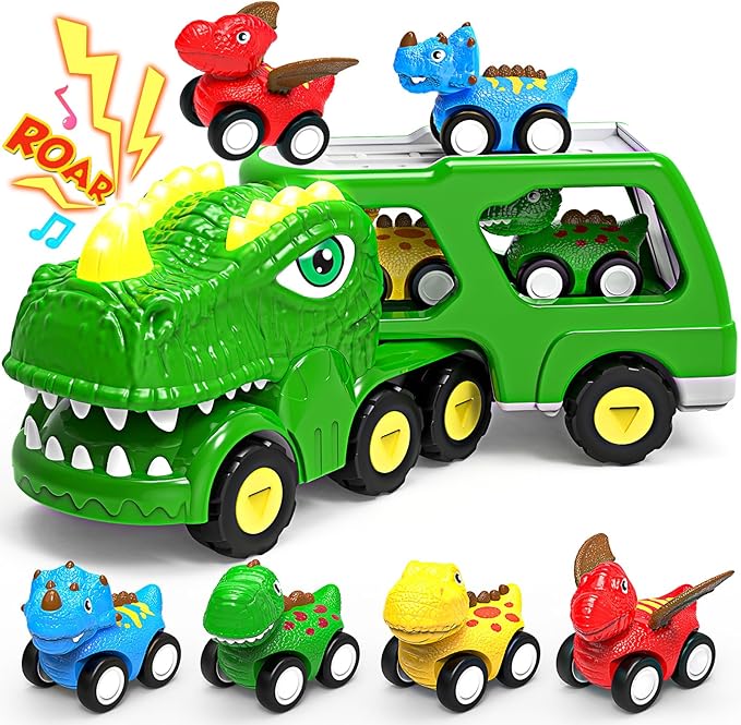 Toys for 1 2 3 4 Year Old Boy Girl, 5 in 1 Toy Trucks for Boys Age 2-3 with 4 Dinosaur Toy Cars for Toddlers 1-3