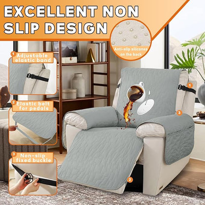 XINEAGE 100% Waterproof Recliner Chair Covers with Elastic Straps, Nonslip Reclining Couch Covers Washable Recliner Couch Cover with Pockets Furniture Protector for Pets Dogs (Light Gray, 30")