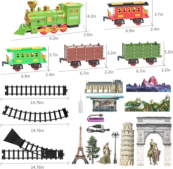 TEMI Large Train Set - Kids Electric Train Toy with 3 Way Smoke Locomotive, Light and Sounds 3 4 5 6 7 8+
