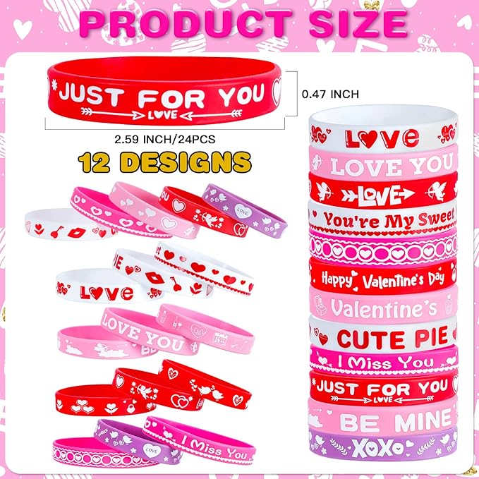 48 Pcs Valentines Slap Bracelets Rubber Bracelets Valentines Party Favors Gifts for Kids School Classroom Goodie Bag Stuffers