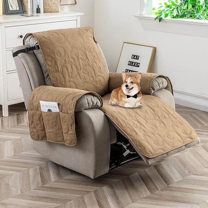 100% Waterproof Recliner Chair Cover, Recliner Chair Covers for Reclining Chair, Non-Slip Fabric Recliner Couch Cover for Living Room, for Pets Kids Protector, Washable (Camel, 28"Recliner Chair)