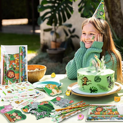 BenLouis 120Pcs Jungle Safari Party Favors Zoo Animals Sticker Stampers Slap Bracelets School Stationery Set Bulk Classroom Prizes for Kids Wild One Party Baby Shower Goodie Bags Fillers