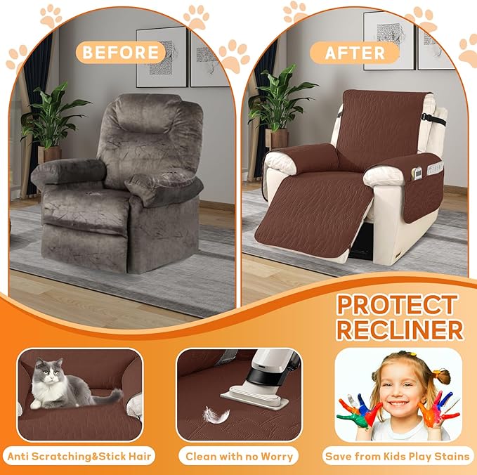 XINEAGE 100% Waterproof Recliner Chair Covers with Elastic Straps, Nonslip Reclining Couch Covers Washable Recliner Couch Cover with Pockets Furniture Protector for Pets Dogs (Coffee, 30")