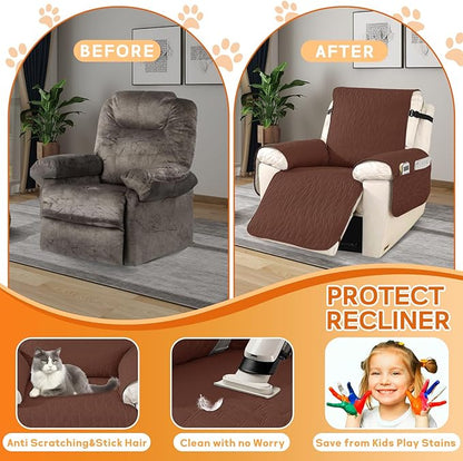 XINEAGE 100% Waterproof Recliner Chair Covers with Elastic Straps, Nonslip Reclining Couch Covers Washable Recliner Couch Cover with Pockets Furniture Protector for Pets Dogs (Coffee, 30")
