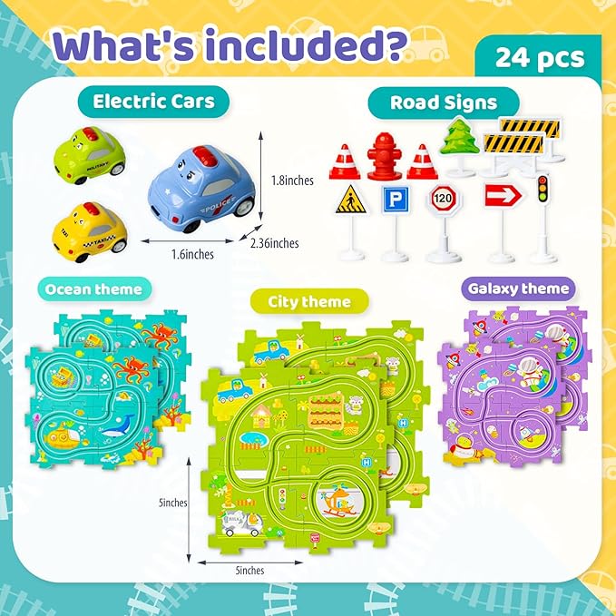 Marlo & Buzz Puzzle Racer Kids Car Track Play Set, Themed Educational Puzzles Racers Tracks with Electric Vehicles for 3+ Childrens (3 Theme (Ocean 24, pcs)