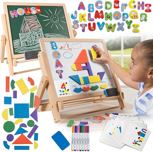 Wooden Double-Sided Tabletop Magnetic Dry Erase & Chalkboard Easel- 80 pc Activity Set for Kids Includes Magnet Letters, Shapes, Patterns, Chalk and 7 Dry Erase Markers- STEM Boys & Girls Play Center