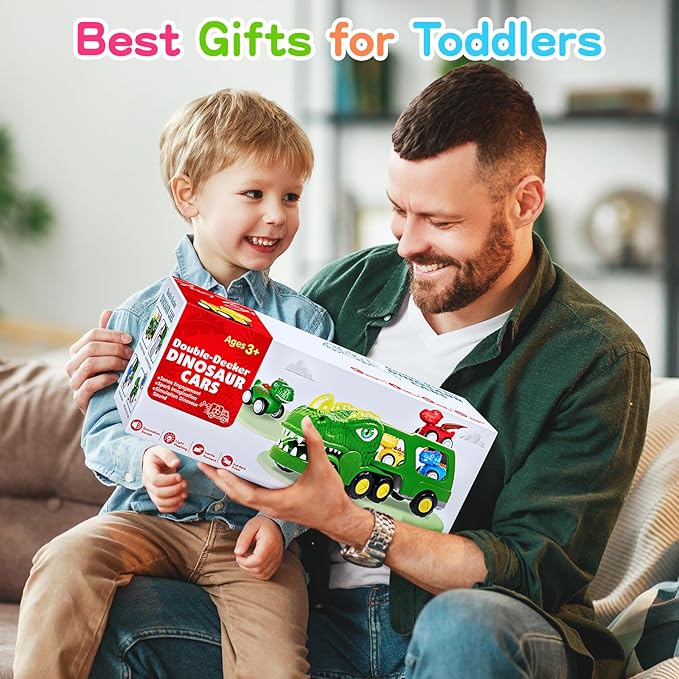 Toys for 1 2 3 4 Year Old Boy Girl, 5 in 1 Toy Trucks for Boys Age 2-3 with 4 Dinosaur Toy Cars for Toddlers 1-3