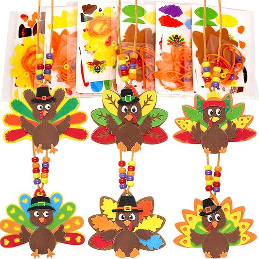 WorldBazaar Turkey Craft Kits For Kids 12 Pack Thanksgiving Turkey Necklace Crafts Bulk DIY Turkey kits Thanksgiving Party Activities Game