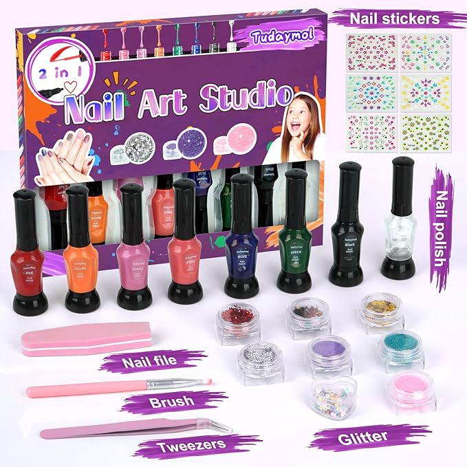 Tudaymol Nail Art Studio for Girls - Nail Polish Kit for Kids Ages 6-12 Years Old,Non-Toxic Peel-Off Safe Quick Dry Nail Polish Gift Kit Set,Cool Girls Toys Stuff - Polish, Pens, Glitter, Stickers