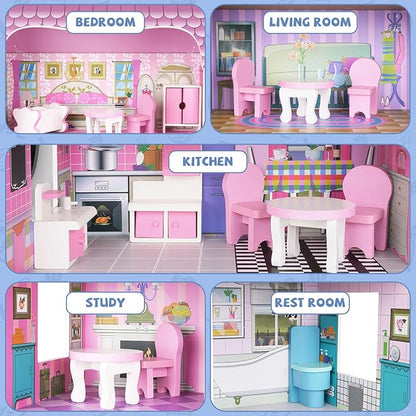 Wooden Dollhouse for Girls, 3-Story Doll House Playset with Furniture & Accessories, Large DIY Wooden Dream House for Kids, Pretend Play Dollhouse Kit, for Toddlers & Girls