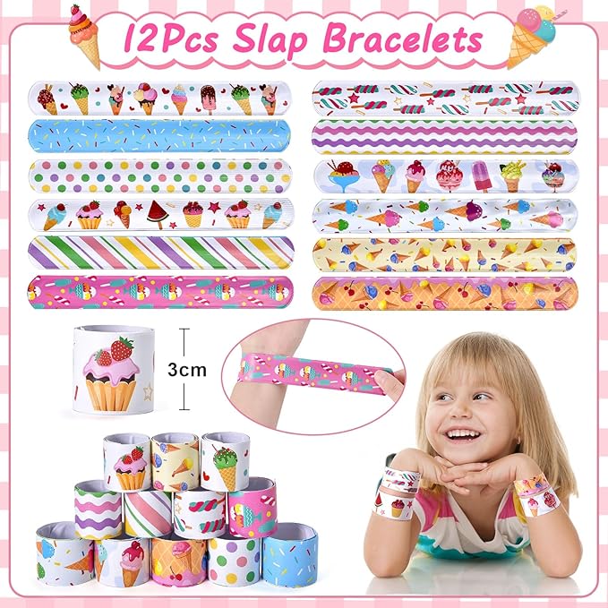 Winrayk Ice Cream Party Favors Birthday Supplies for 12 Kids, Drinking Straw Gift Bag Diy Sticker Keychain Slap Bracelet, Goody Bag Stuffers Pinata Filler Girls Two Sweet Birthday Party Supplies Decor