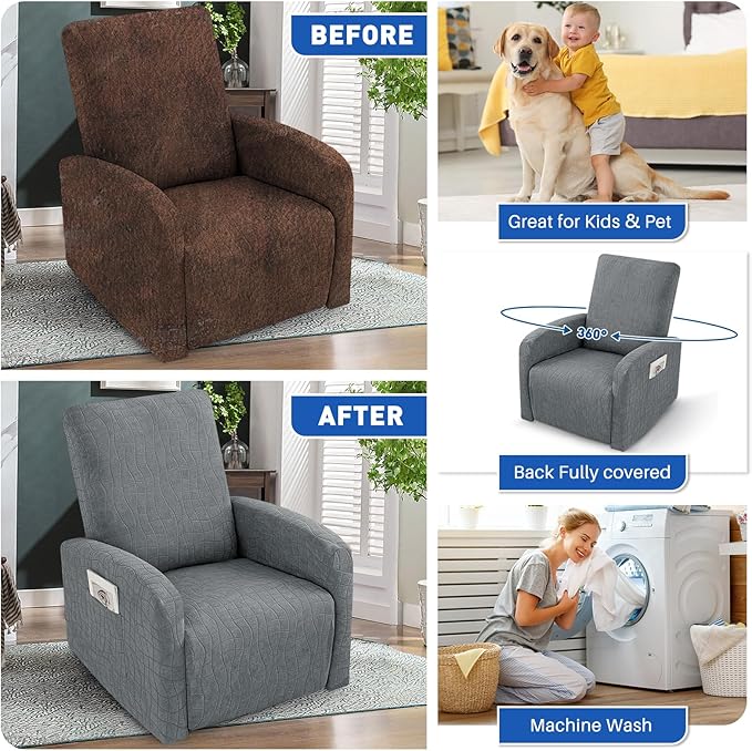 MAXIJIN Waterproof Small Recliner Chair Covers 3 Pieces Recliner Cover That Stay in Place, Lazy Boy Recliner Slipcovers with Pockets Reclining Protector for Pet (Small Recliner, Light Gray)