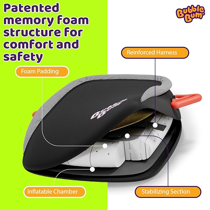 Bubblebum Booster Car Seat, Inflatable Booster Seat for Kids, Travel Carseat, Backless Portable Child Safety Seats for Car, Inflatable Seats for Cars 40-100 lbs, for 4 Year Old + Toddler, Kid - Black