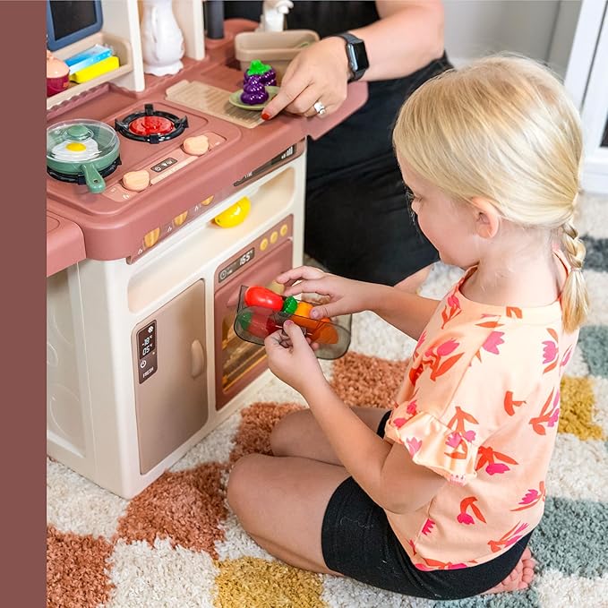Sunnydaze Mini Meals Interactive Play Kitchen with Lights and Sounds - Kids Toy Kitchen Playset with 65-Piece Accessory Pack