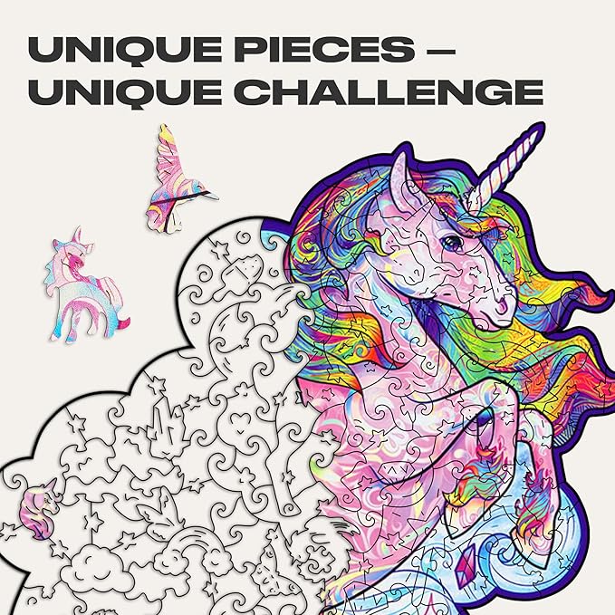 UNIDRAGON Wooden Jigsaw Puzzles - Inspiring Unicorn, 195 pcs, Medium 10.2"x12.6", Beautiful Gift Package, Unique Shape Best Gift for Adults and Kids