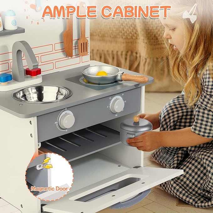 Wooden Toy Kitchen Set for Kids, Toy Kitchen Playset with Removable Sink Faucet & Play Food, Pretend Play Kitchen Toys for Toddlers Age 3+